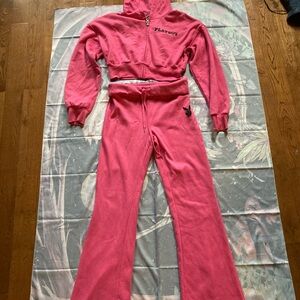 PLAYBOY Hot Pink Cropped Zip Hoodie with Flared Sweatpants